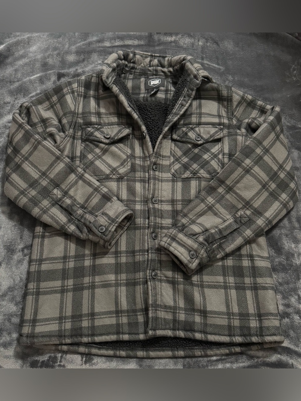 Lightweight Plaid Shirt Jacket with Sherpa Lining - Gray